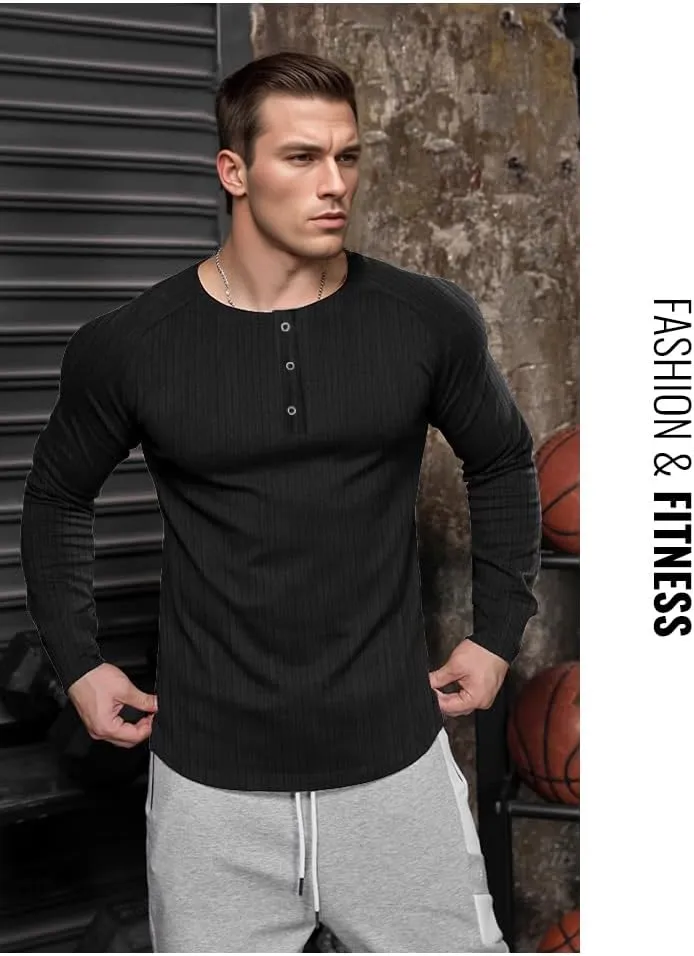 Men's Slim Fit Muscle Henley Shirts Stretch Long & Short Sleeve T-Shirt Bodybuilding Workout Gym Ribbed Knit Shirt