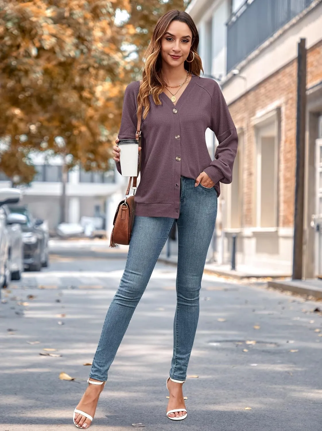 MOLERANI Women Cardigan Sweaters V Neck Button Open Front Waffle Knit 2024 Fall Loose Oversized Lightweight Cardigans