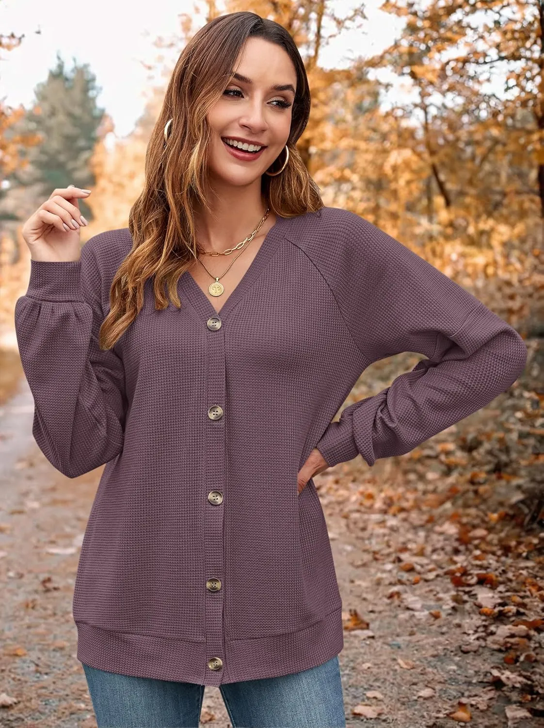 MOLERANI Women Cardigan Sweaters V Neck Button Open Front Waffle Knit 2024 Fall Loose Oversized Lightweight Cardigans