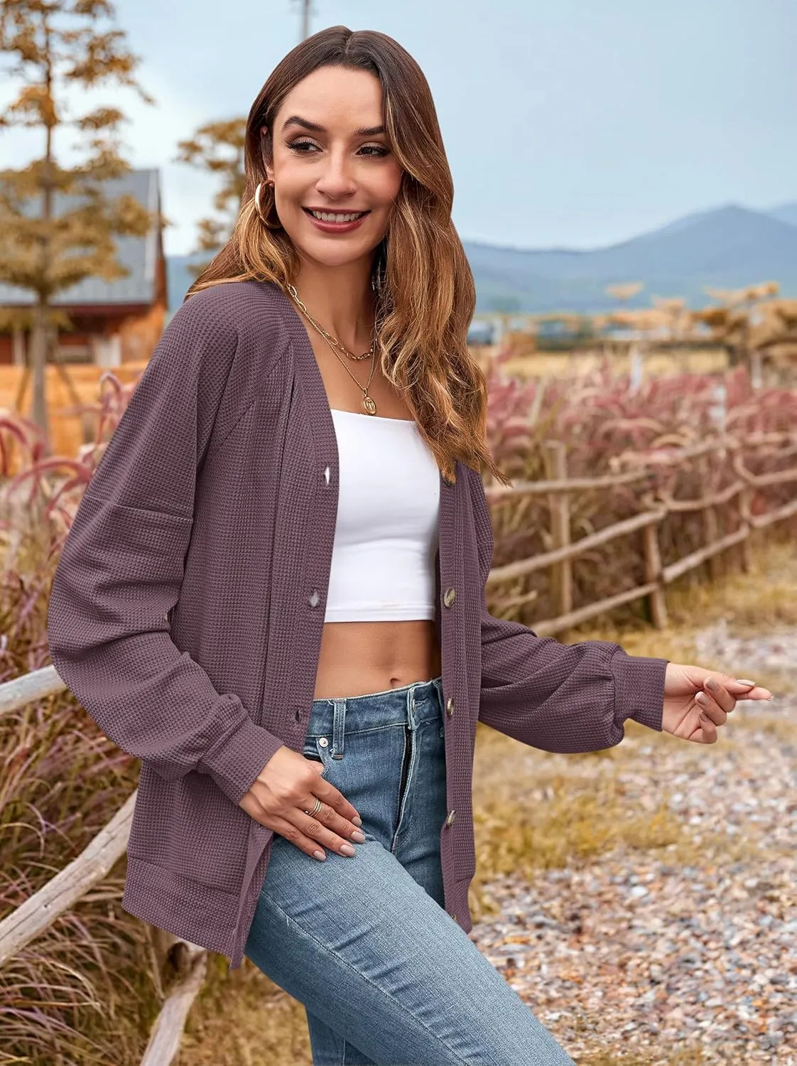 MOLERANI Women Cardigan Sweaters V Neck Button Open Front Waffle Knit 2024 Fall Loose Oversized Lightweight Cardigans