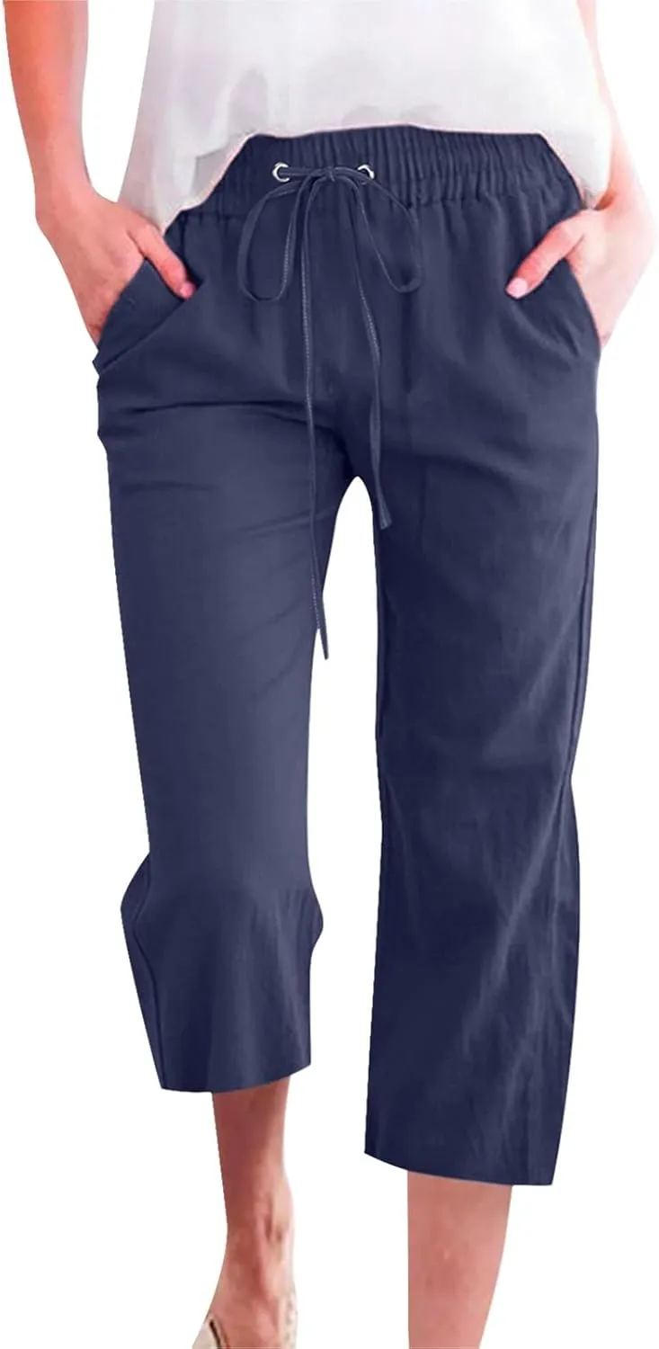 Plus Size Palazzo Pants for Women,Clearance Items Capri Pants for Women Casual Summer Cotton Linen Capris Drawstring Elastic High Waist Pants Wide Leg Cropped Trouser Navy M