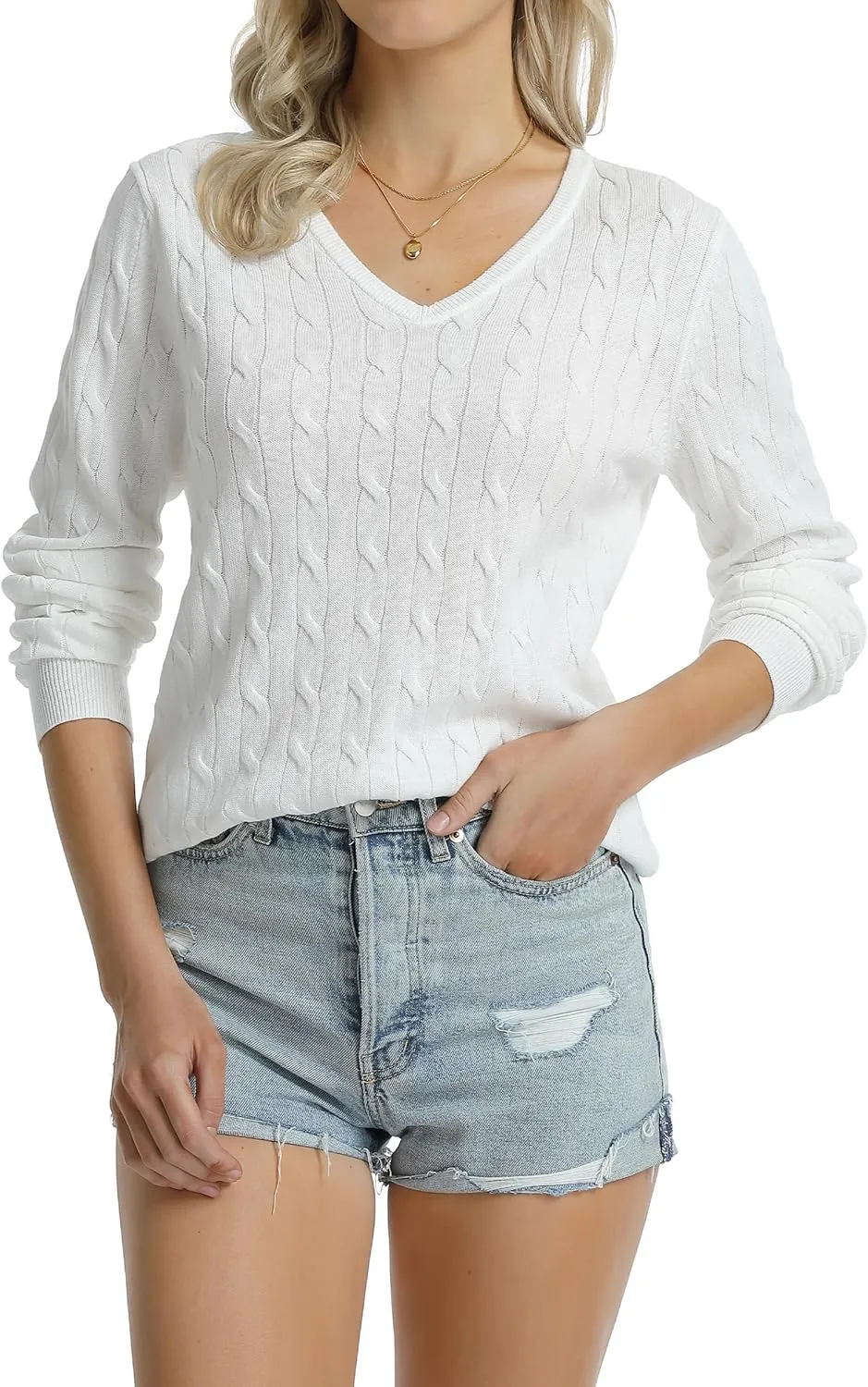 QUALFORT Women's 100% Cotton V Neck Cable Knit Pullover Sweaters