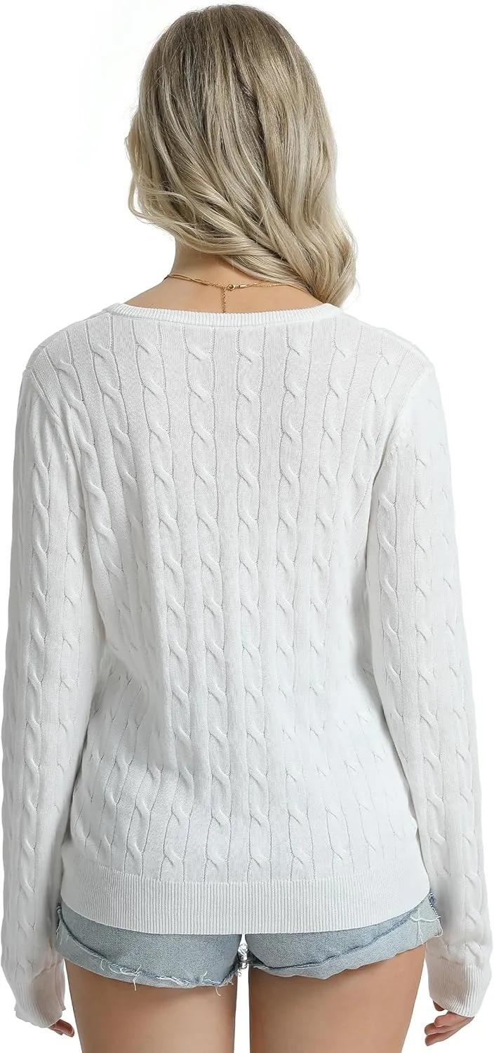 QUALFORT Women's 100% Cotton V Neck Cable Knit Pullover Sweaters