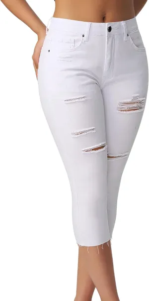 roswear Women's Capri Jeans Ripped Stretch Denim Capris Mid Rise Skinny Cropped Pants