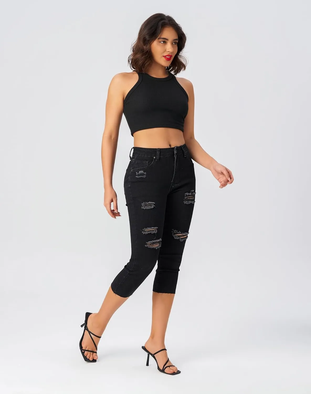 roswear Women's Capri Jeans Ripped Stretch Denim Capris Mid Rise Skinny Cropped Pants