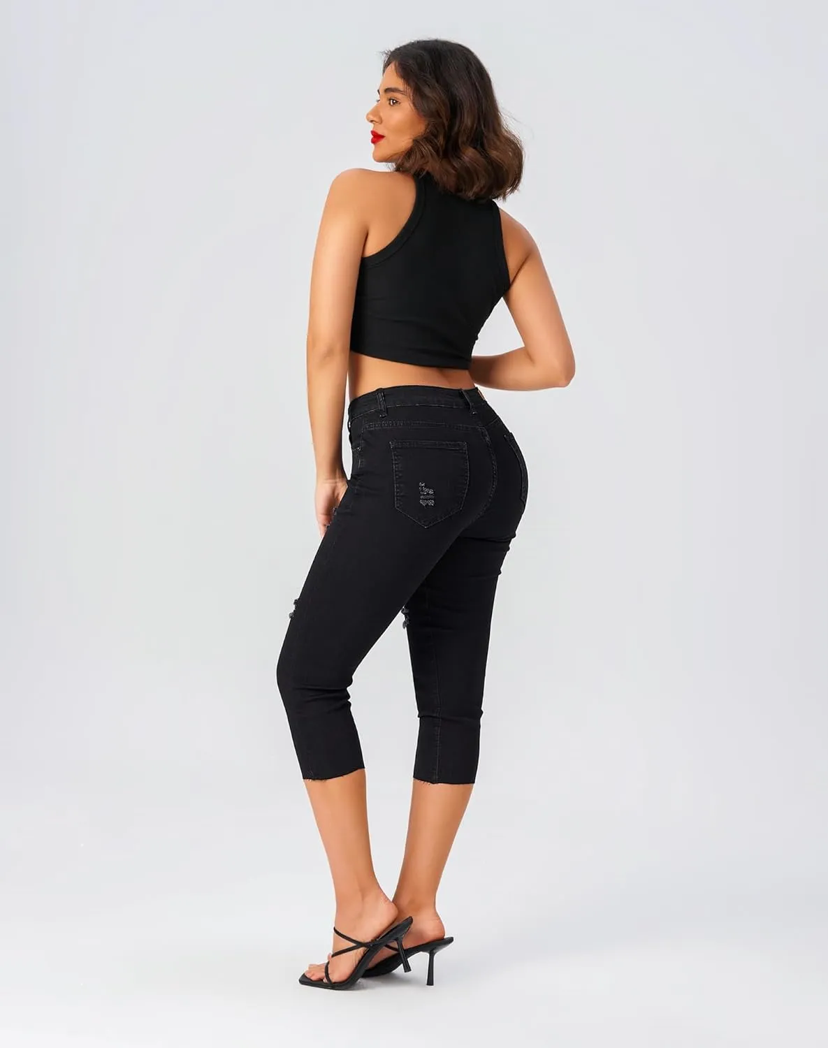 roswear Women's Capri Jeans Ripped Stretch Denim Capris Mid Rise Skinny Cropped Pants