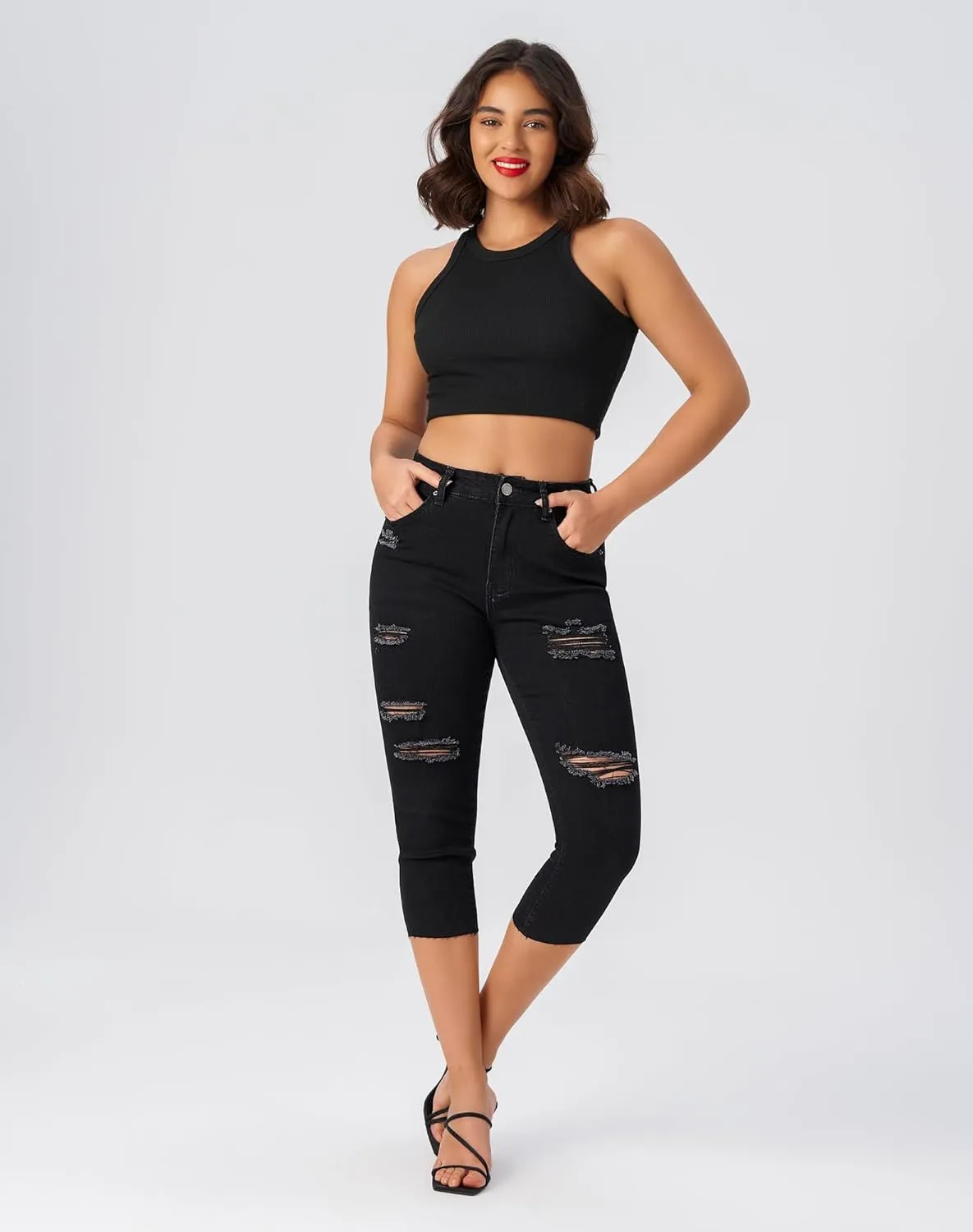 roswear Women's Capri Jeans Ripped Stretch Denim Capris Mid Rise Skinny Cropped Pants