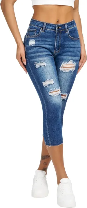 roswear Women's Capri Jeans Ripped Stretch Denim Capris Mid Rise Skinny Cropped Pants