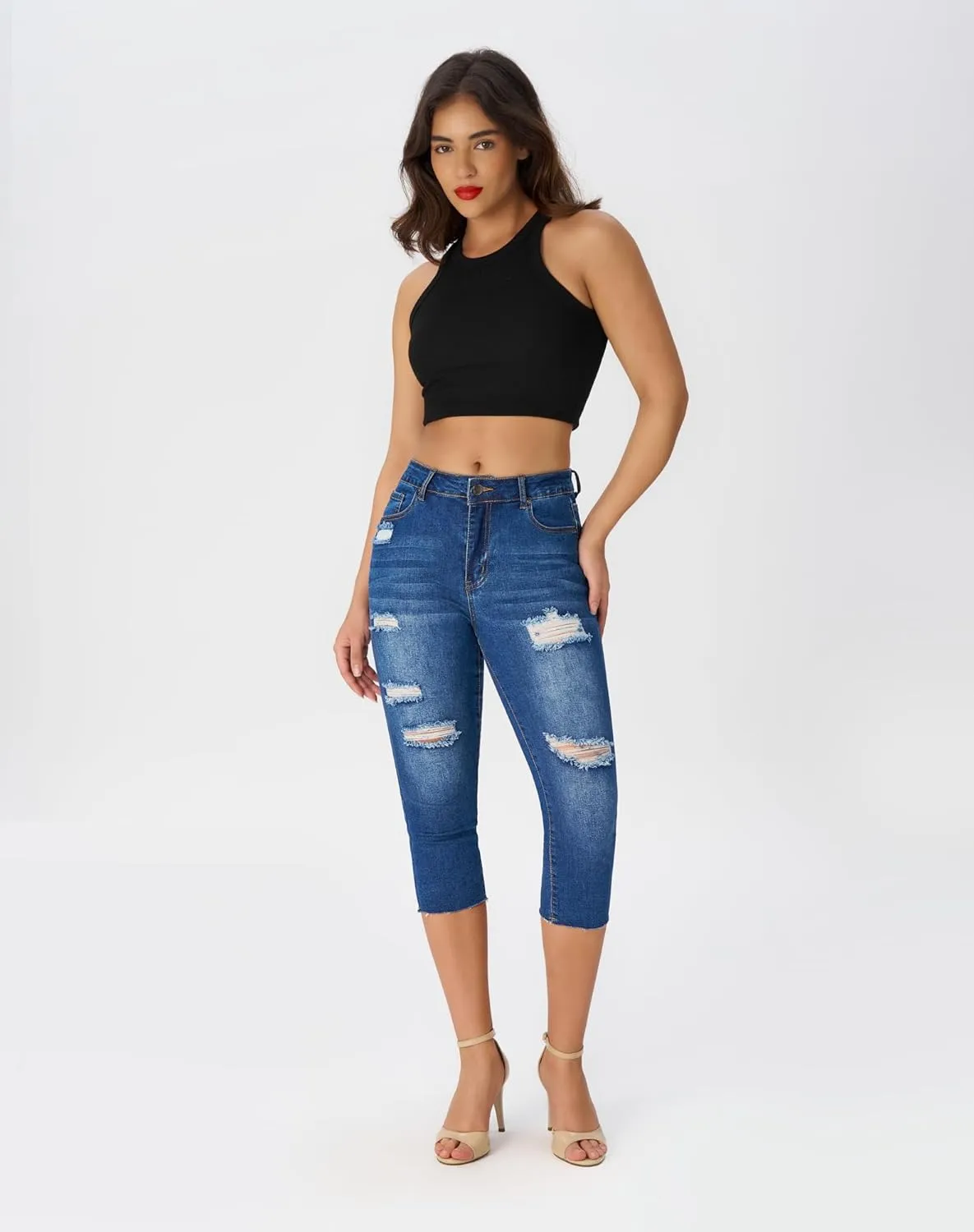 roswear Women's Capri Jeans Ripped Stretch Denim Capris Mid Rise Skinny Cropped Pants