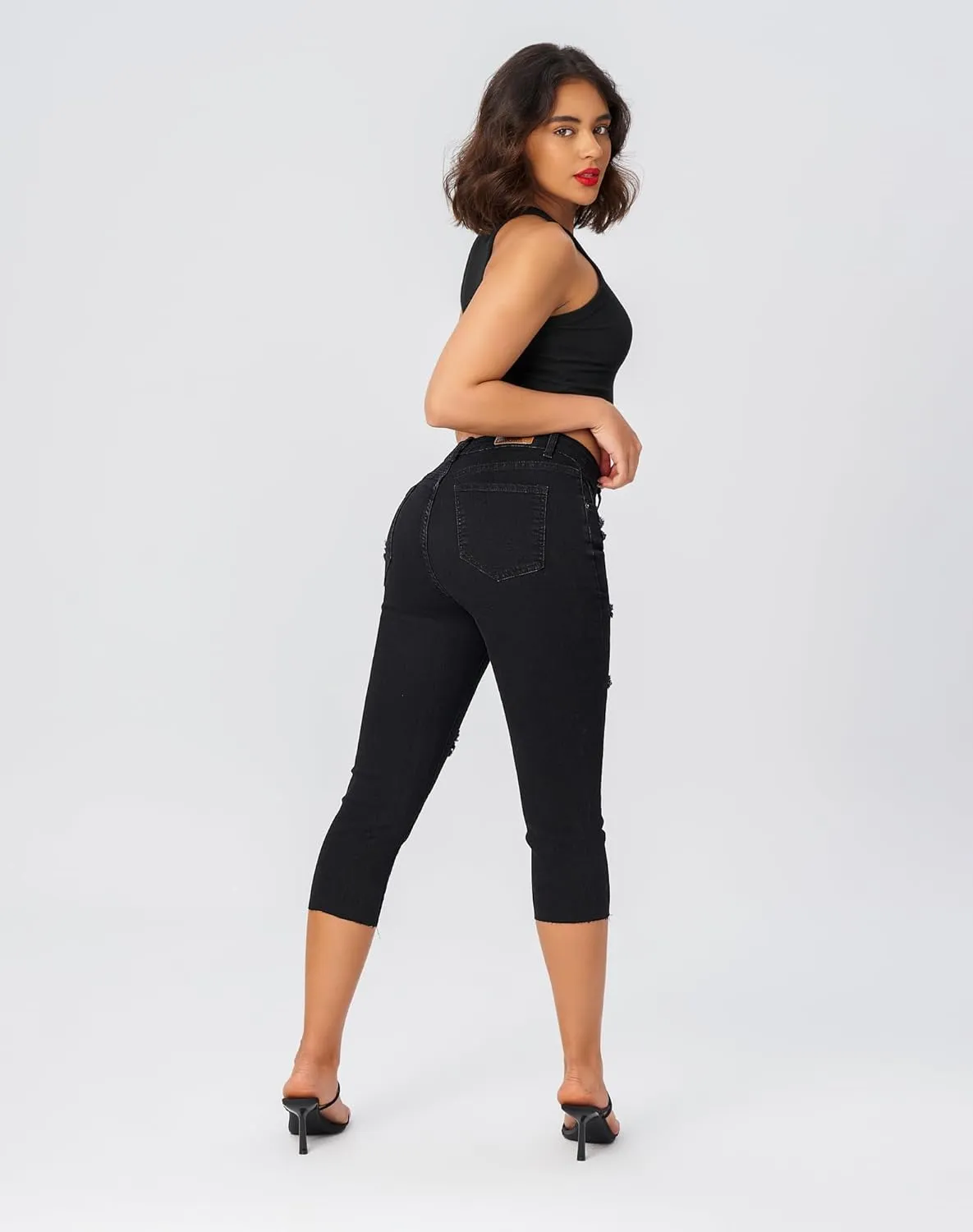 roswear Women's Capri Jeans Ripped Stretch Denim Capris Mid Rise Skinny Cropped Pants