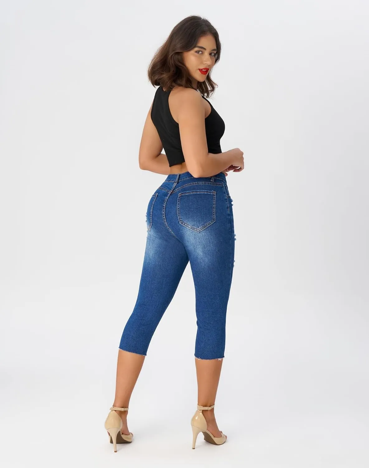 roswear Women's Capri Jeans Ripped Stretch Denim Capris Mid Rise Skinny Cropped Pants