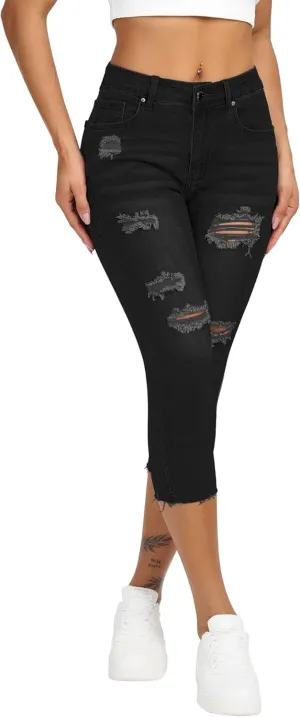 roswear Women's Capri Jeans Ripped Stretch Denim Capris Mid Rise Skinny Cropped Pants