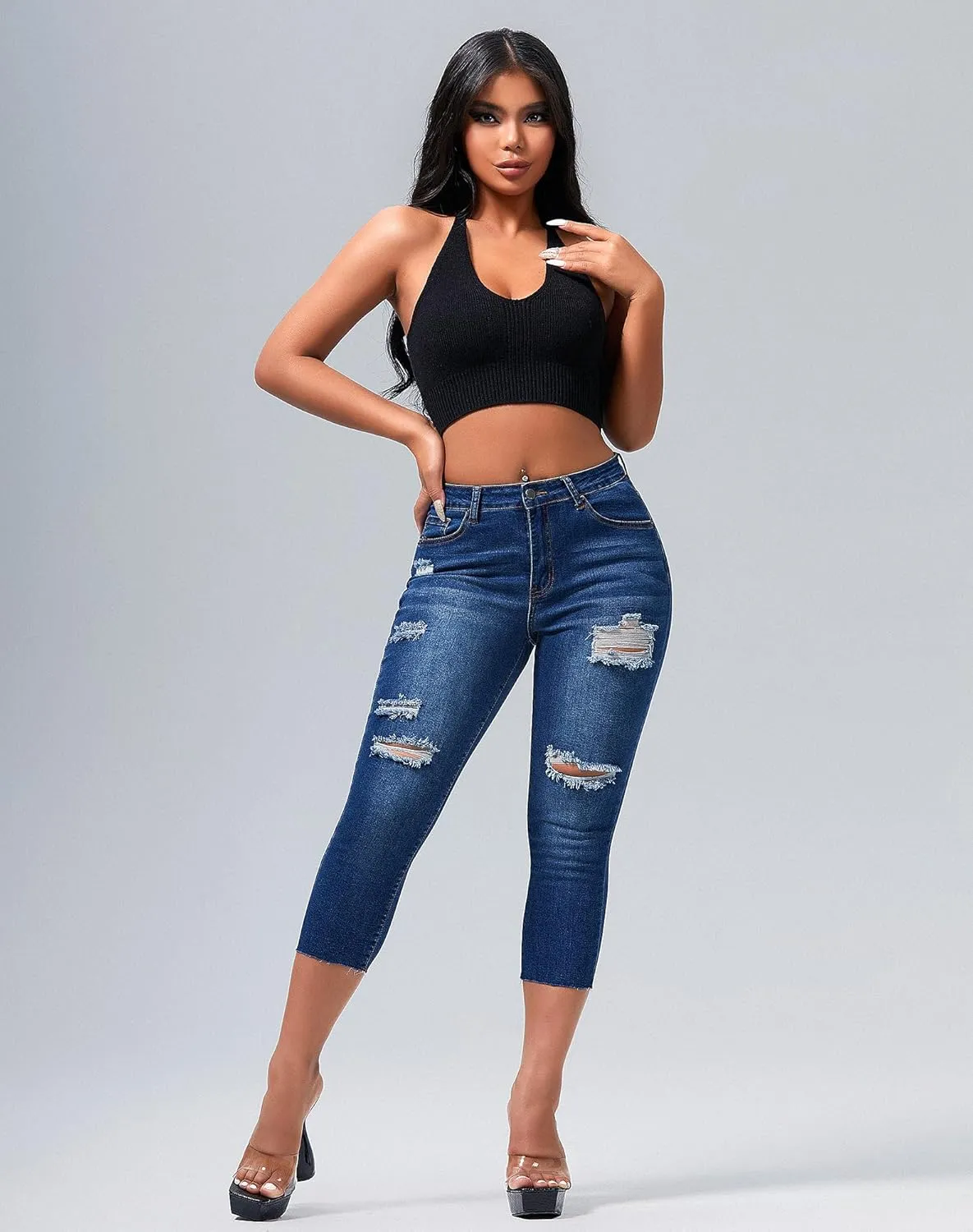 roswear Women's Capri Jeans Ripped Stretch Denim Capris Mid Rise Skinny Cropped Pants