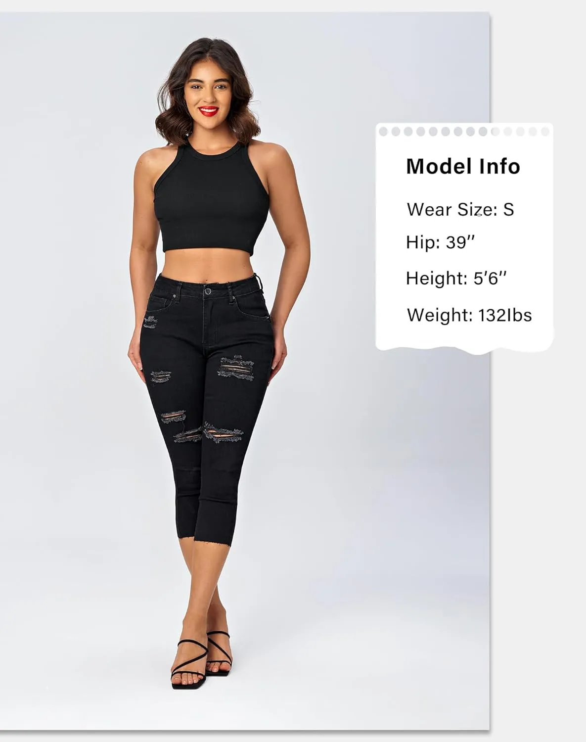 roswear Women's Capri Jeans Ripped Stretch Denim Capris Mid Rise Skinny Cropped Pants