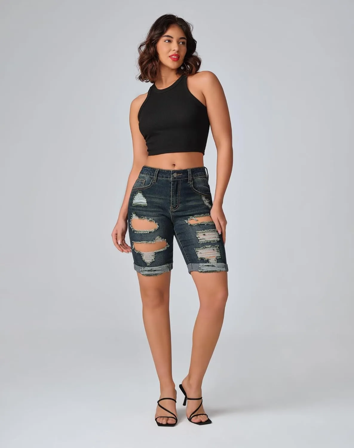 roswear Women's Ripped Denim Destroyed Mid Rise Stretchy Bermuda Shorts Jeans