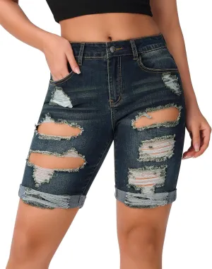 roswear Women's Ripped Denim Destroyed Mid Rise Stretchy Bermuda Shorts Jeans