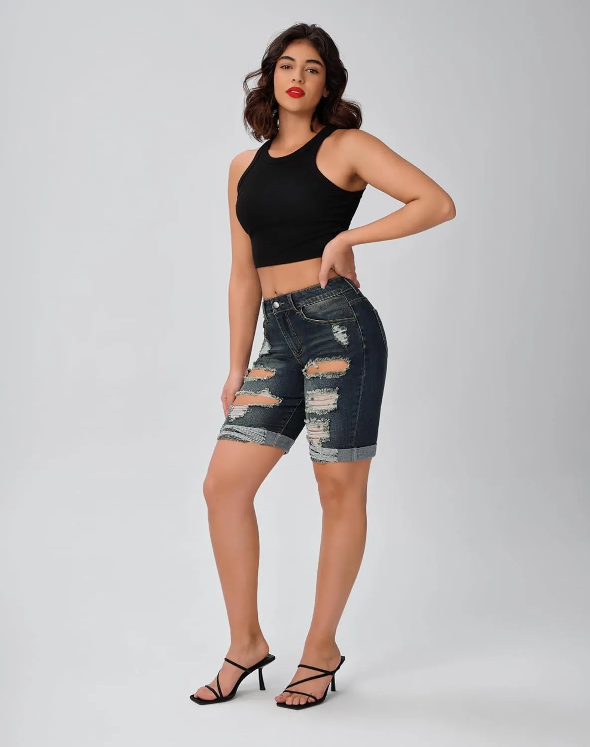 roswear Women's Ripped Denim Destroyed Mid Rise Stretchy Bermuda Shorts Jeans