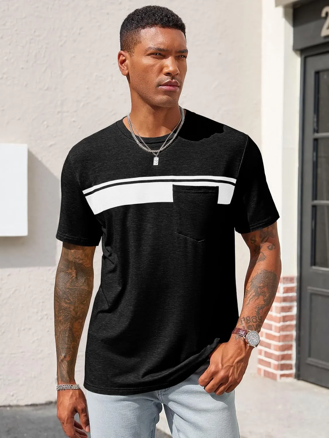 Runcati Men's Casual T-Shirt Short Sleeve Regular Fit Crewneck Tee Summer Graphic Tops with Pocket