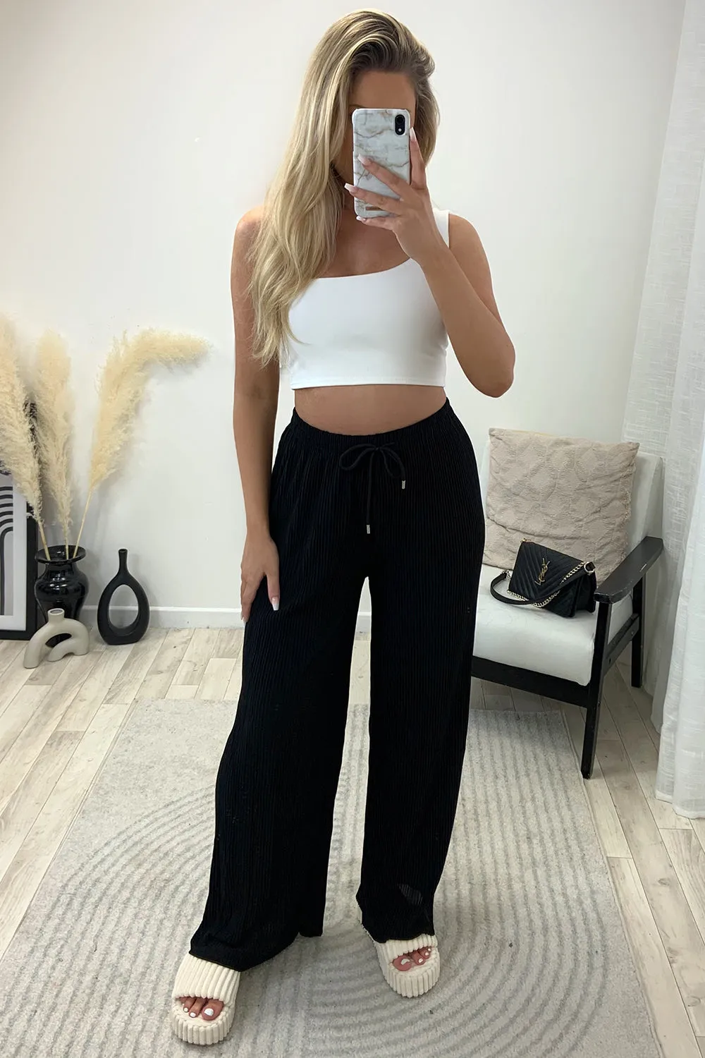 Tanya Black Plisse High Waisted Drawstring Wide Leg Trousers