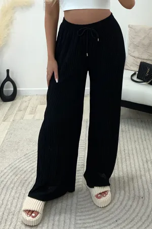 Tanya Black Plisse High Waisted Drawstring Wide Leg Trousers