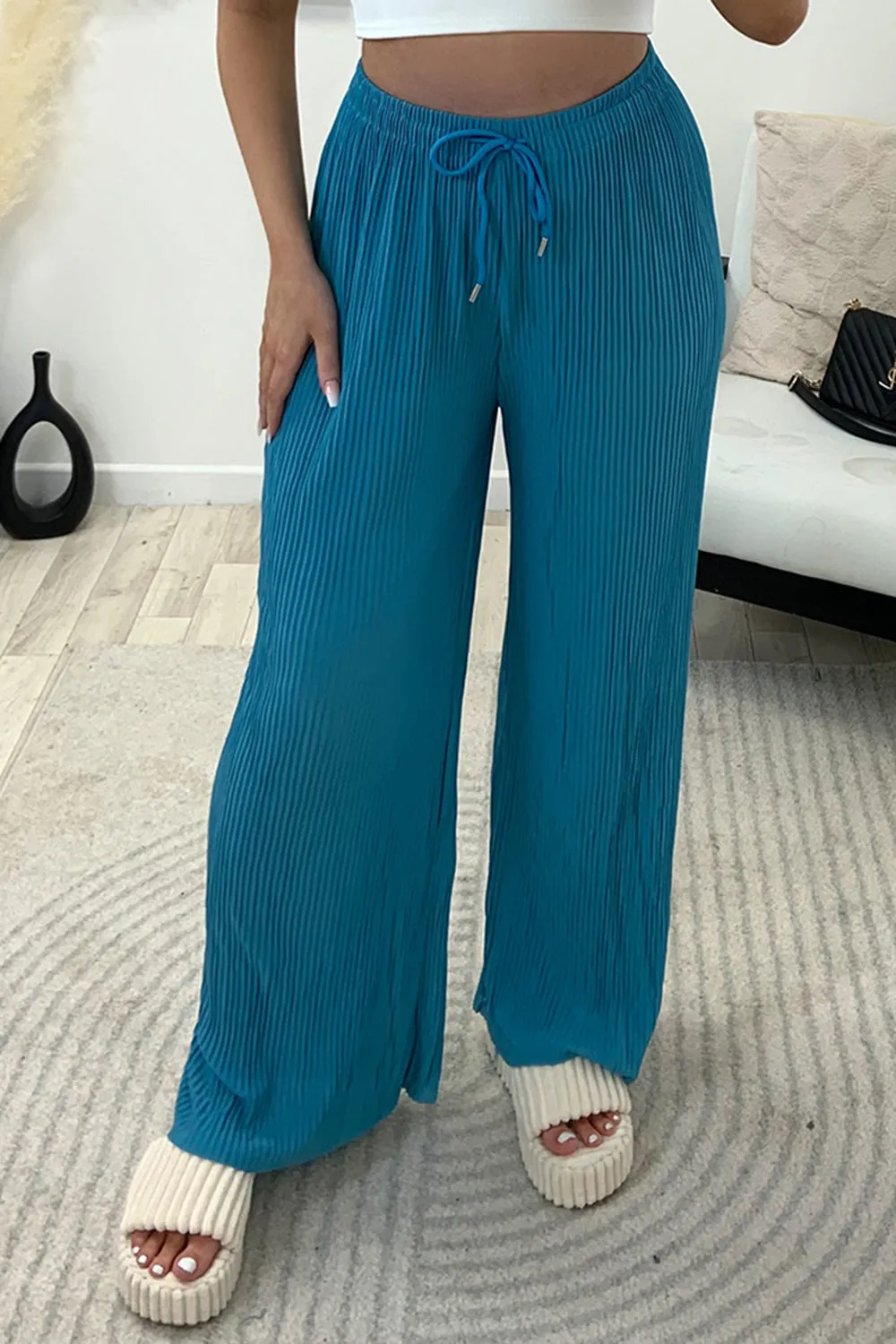 Tanya Blue Plisse High Waisted Drawstring Wide Leg Trousers