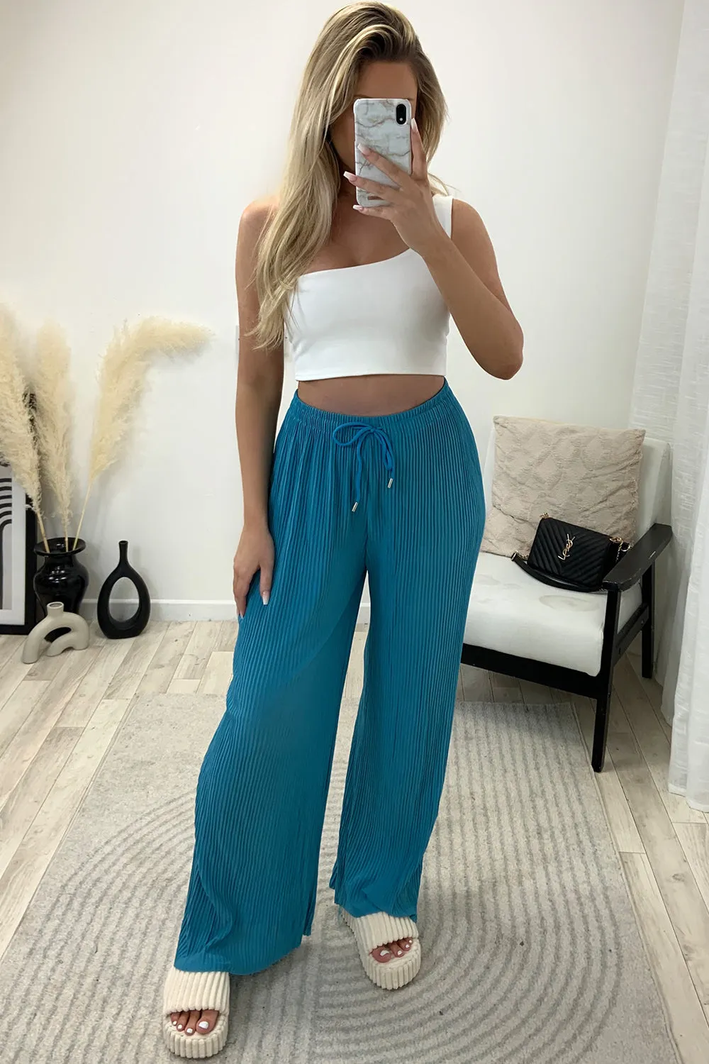 Tanya Blue Plisse High Waisted Drawstring Wide Leg Trousers