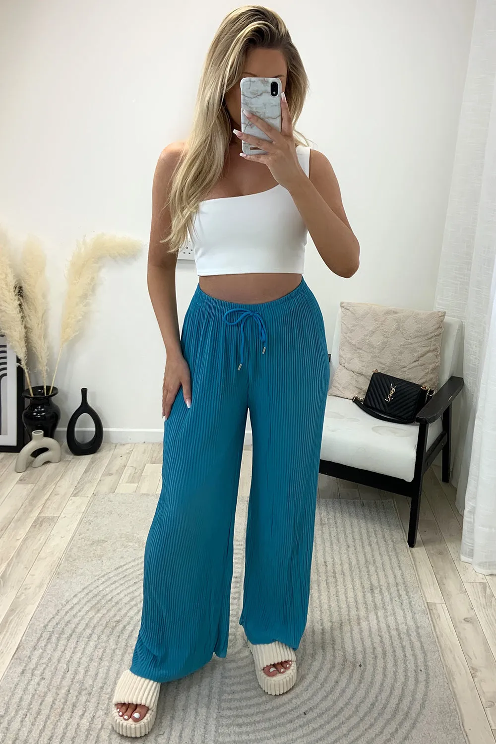 Tanya Blue Plisse High Waisted Drawstring Wide Leg Trousers