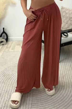 Tanya Blush Pink Plisse High Waisted Drawstring Wide Leg Trousers