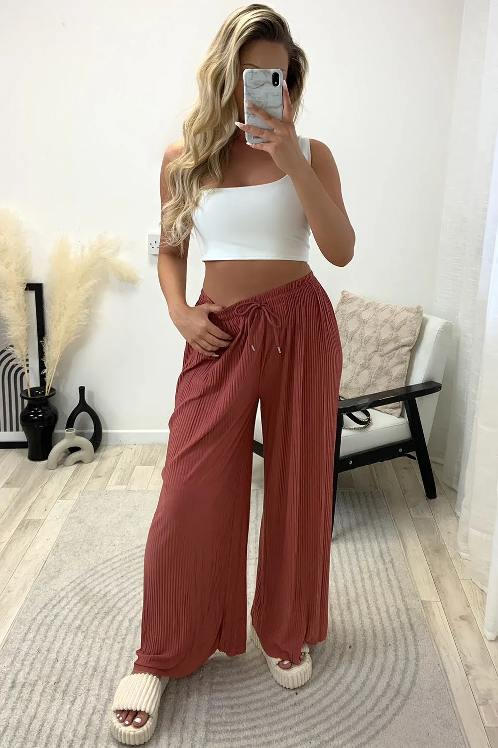 Tanya Blush Pink Plisse High Waisted Drawstring Wide Leg Trousers
