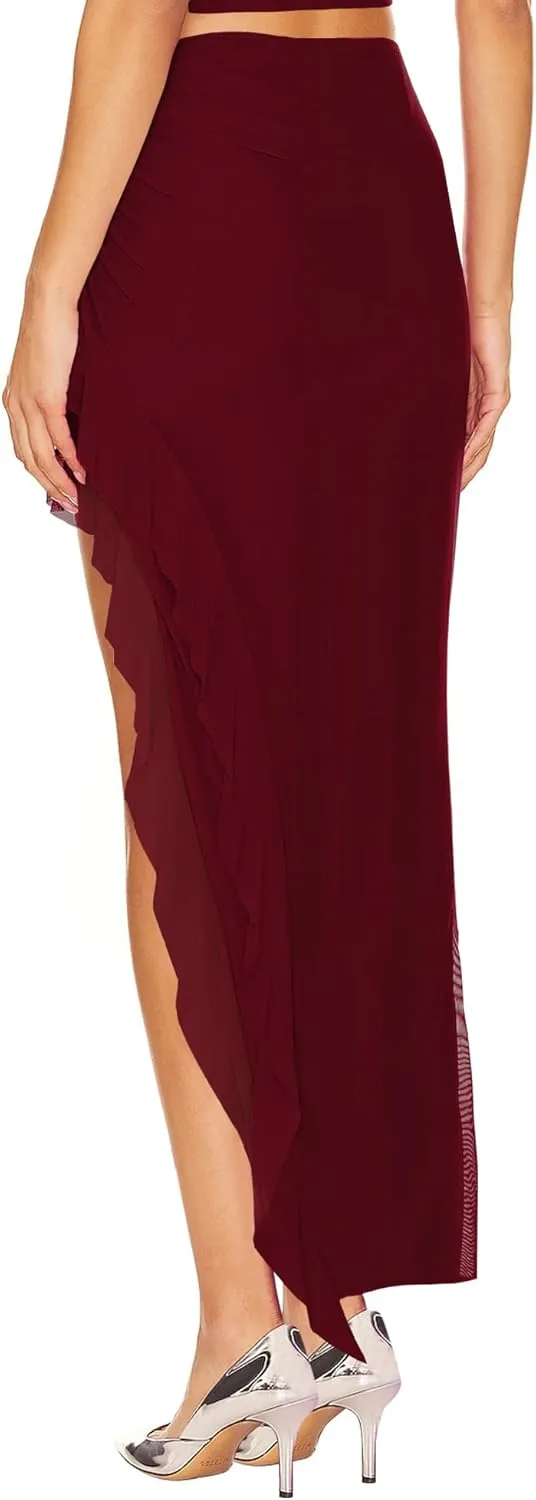 WISFRUIT Women's Sexy Ruched Mesh Skirt High Waisted Asymmetrical Flowy Ruffle Bodycon Long Skirts