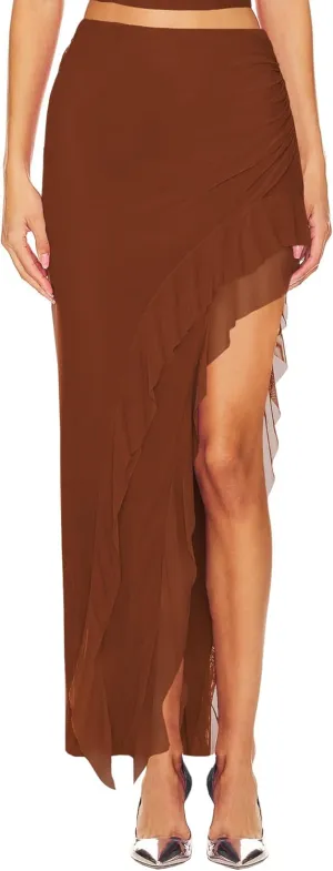 WISFRUIT Women's Sexy Ruched Mesh Skirt High Waisted Asymmetrical Flowy Ruffle Bodycon Long Skirts