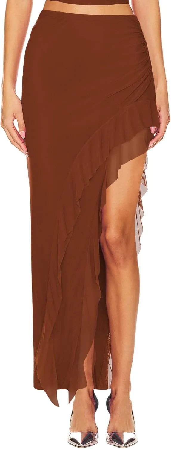 WISFRUIT Women's Sexy Ruched Mesh Skirt High Waisted Asymmetrical Flowy Ruffle Bodycon Long Skirts
