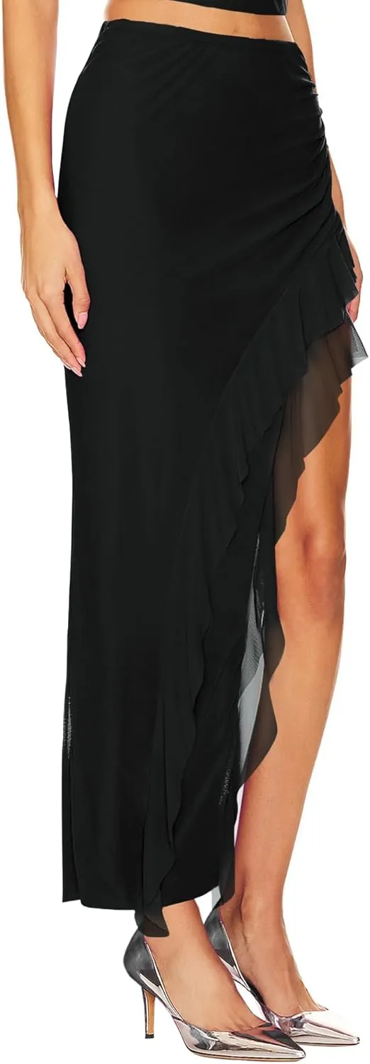 WISFRUIT Women's Sexy Ruched Mesh Skirt High Waisted Asymmetrical Flowy Ruffle Bodycon Long Skirts