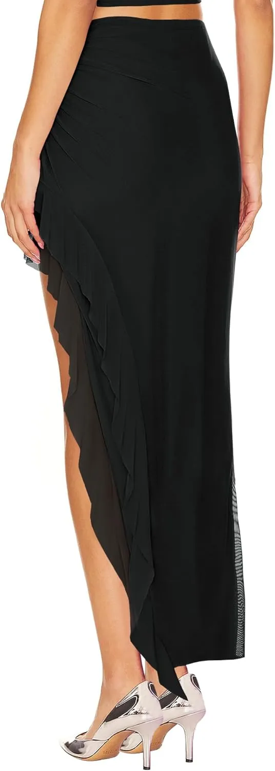 WISFRUIT Women's Sexy Ruched Mesh Skirt High Waisted Asymmetrical Flowy Ruffle Bodycon Long Skirts
