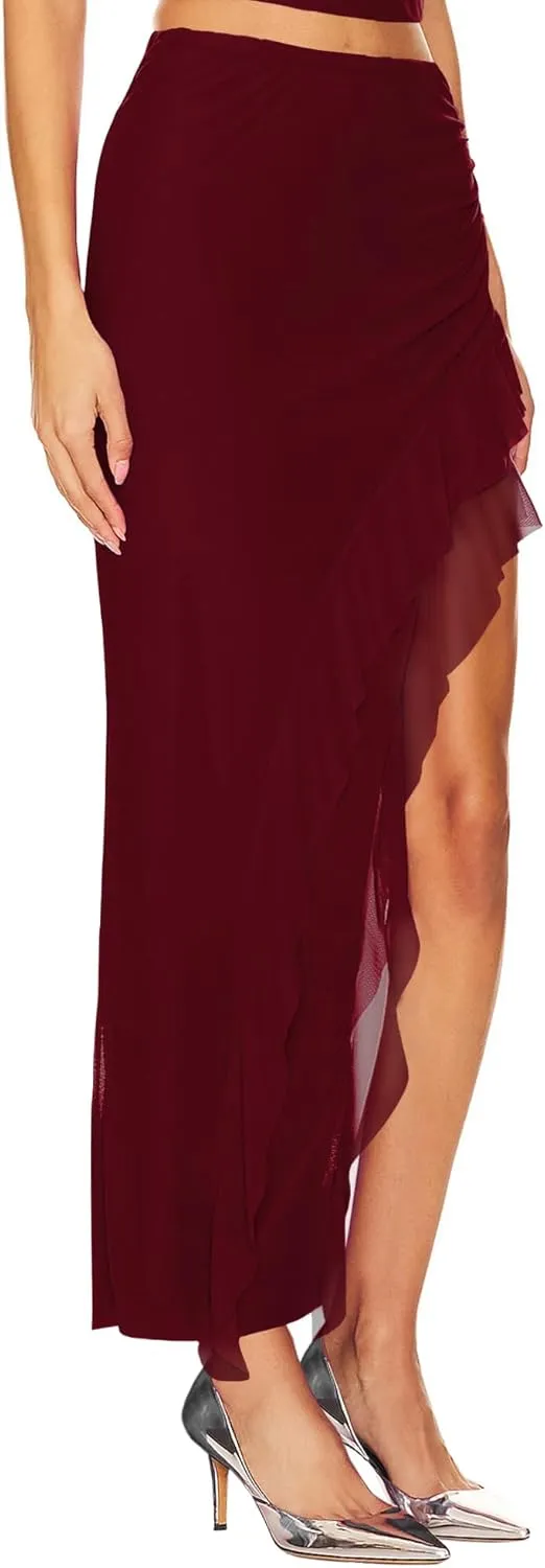 WISFRUIT Women's Sexy Ruched Mesh Skirt High Waisted Asymmetrical Flowy Ruffle Bodycon Long Skirts