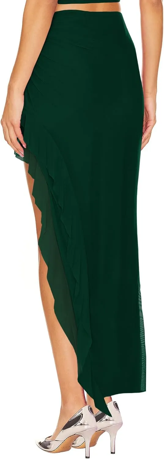 WISFRUIT Women's Sexy Ruched Mesh Skirt High Waisted Asymmetrical Flowy Ruffle Bodycon Long Skirts