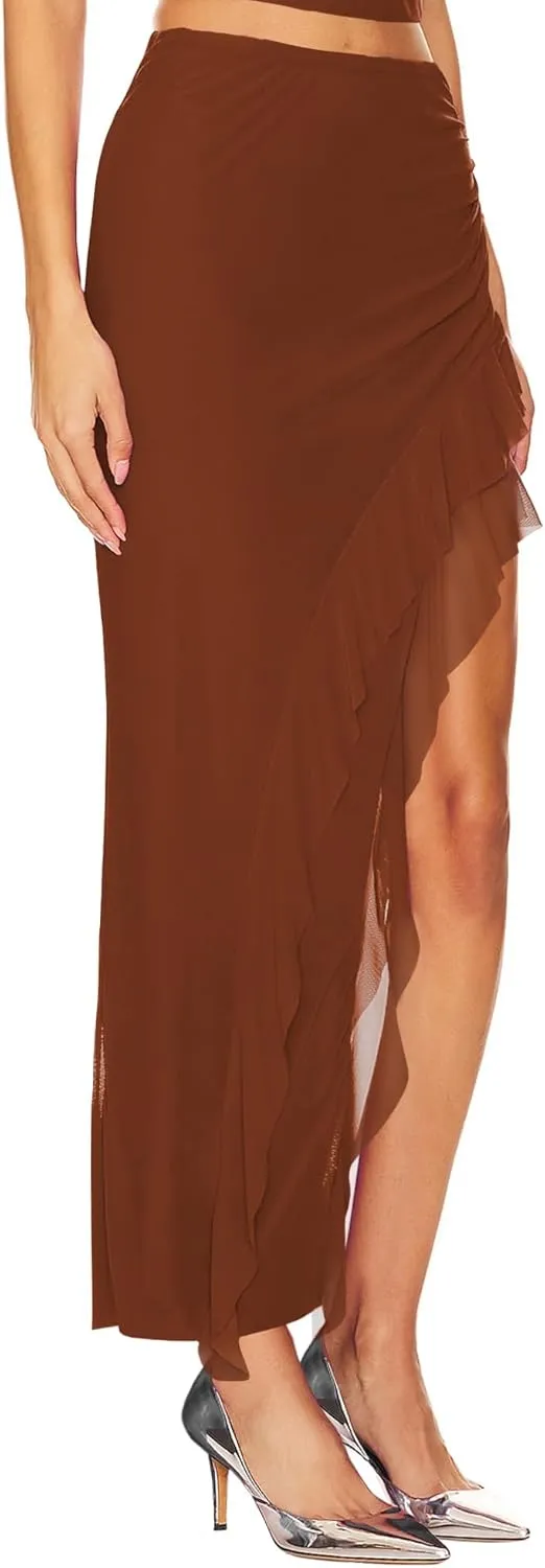 WISFRUIT Women's Sexy Ruched Mesh Skirt High Waisted Asymmetrical Flowy Ruffle Bodycon Long Skirts