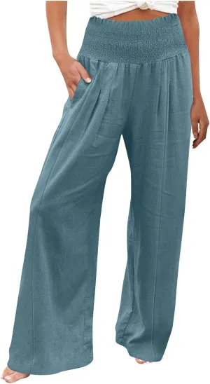 Women Cotton Linen Summer Printed Palazzo Pants High Waist Wide Leg Slim-Fit Trouser Work Business