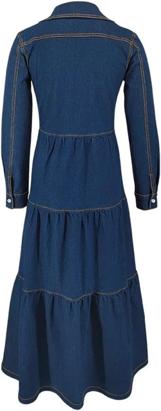 Women Denim Button Cardigan Long Sleeve Streetwear Jeans Dress