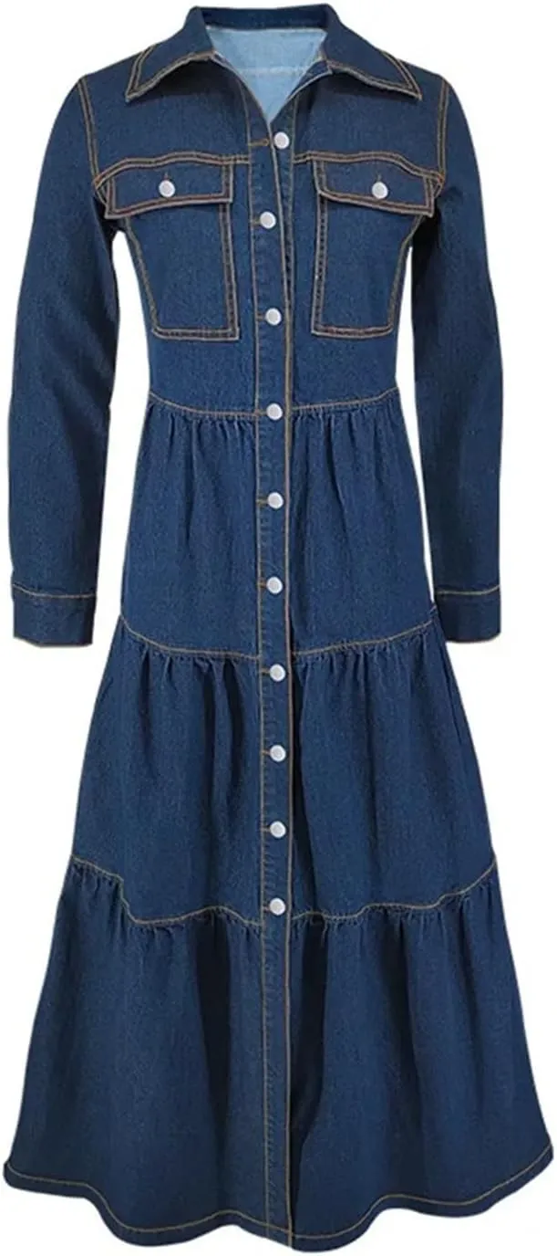 Women Denim Button Cardigan Long Sleeve Streetwear Jeans Dress