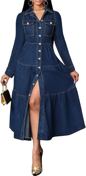 Women Denim Button Cardigan Long Sleeve Streetwear Jeans Dress