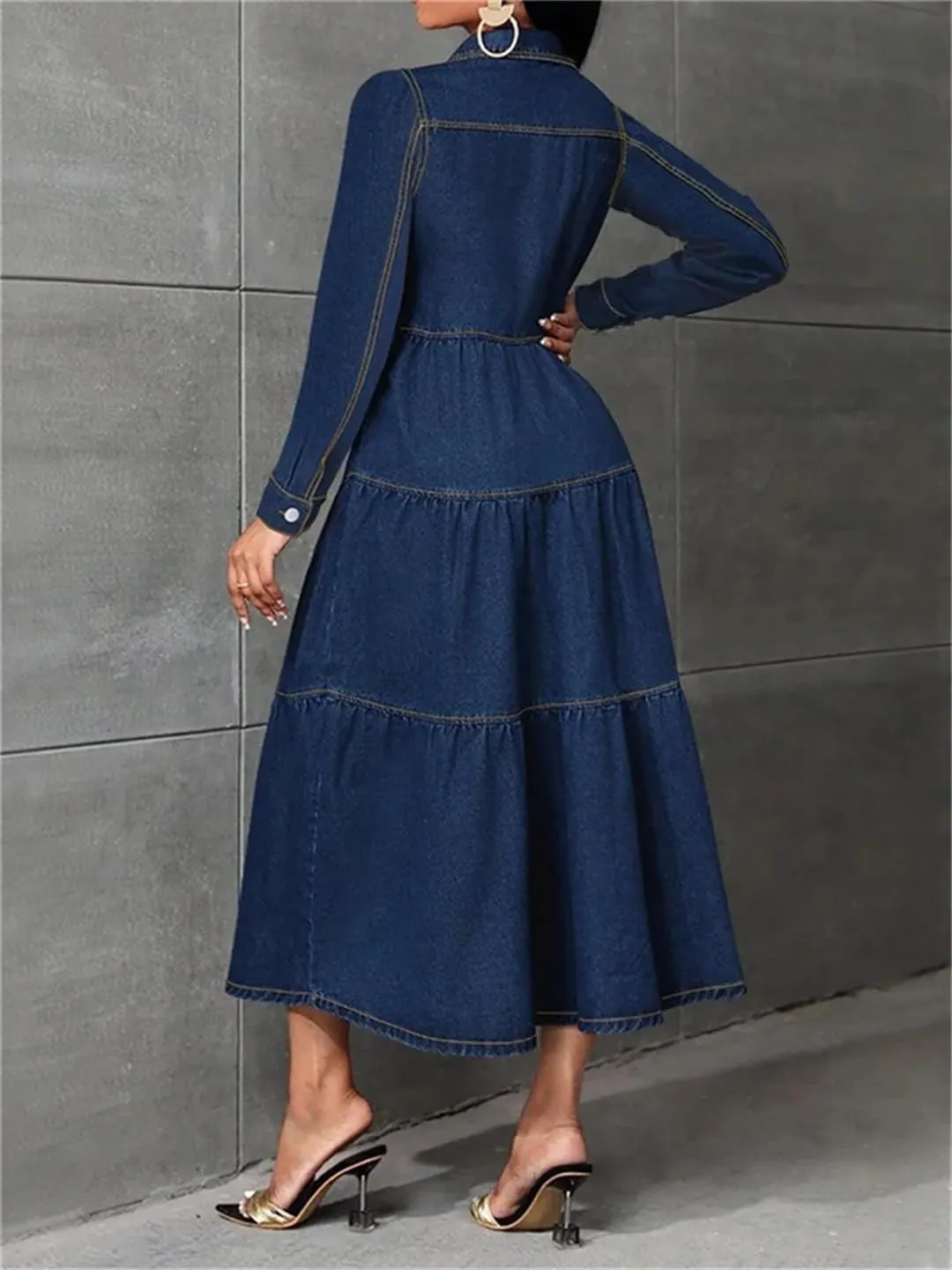 Women Denim Button Cardigan Long Sleeve Streetwear Jeans Dress