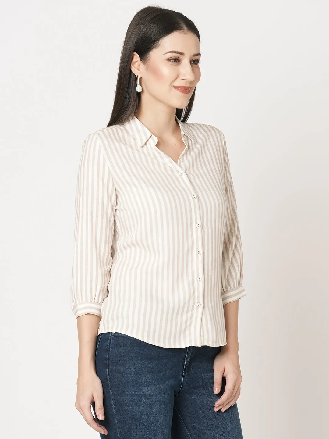 Women Slim Fit Beige-White Stripe Shirt