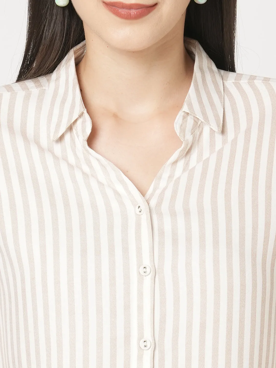 Women Slim Fit Beige-White Stripe Shirt