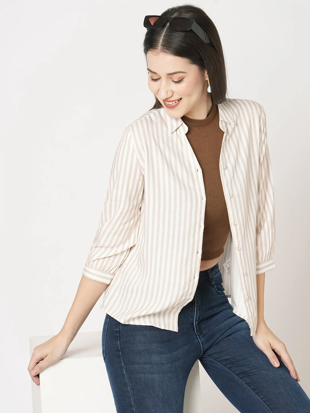 Women Slim Fit Beige-White Stripe Shirt