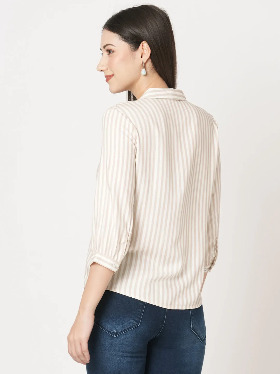 Women Slim Fit Beige-White Stripe Shirt