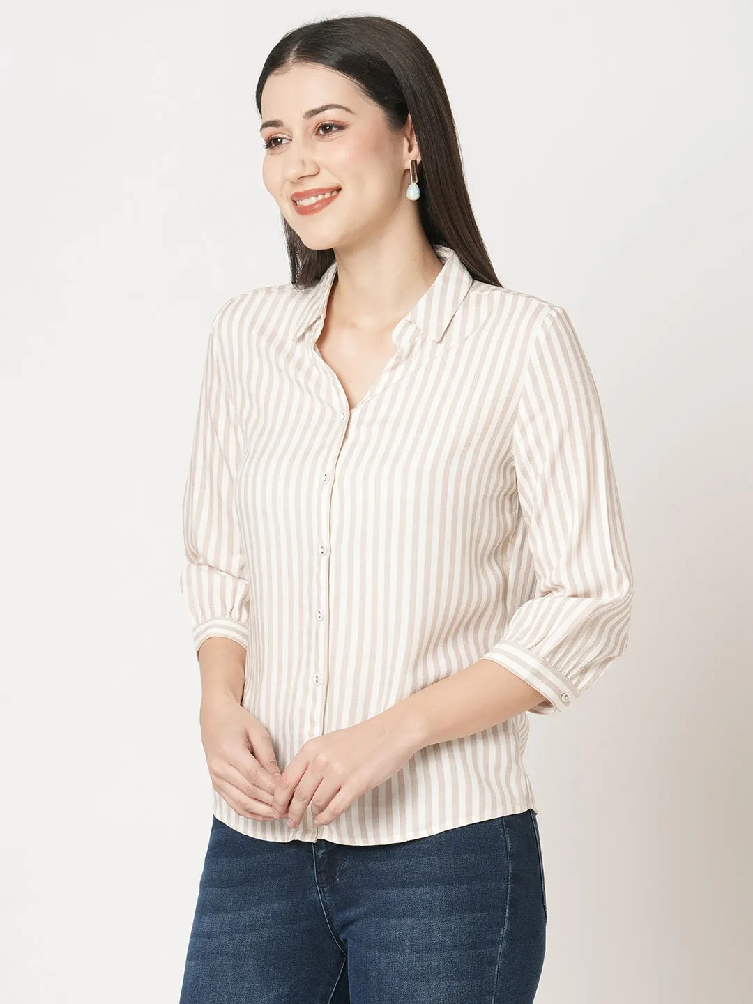 Women Slim Fit Beige-White Stripe Shirt