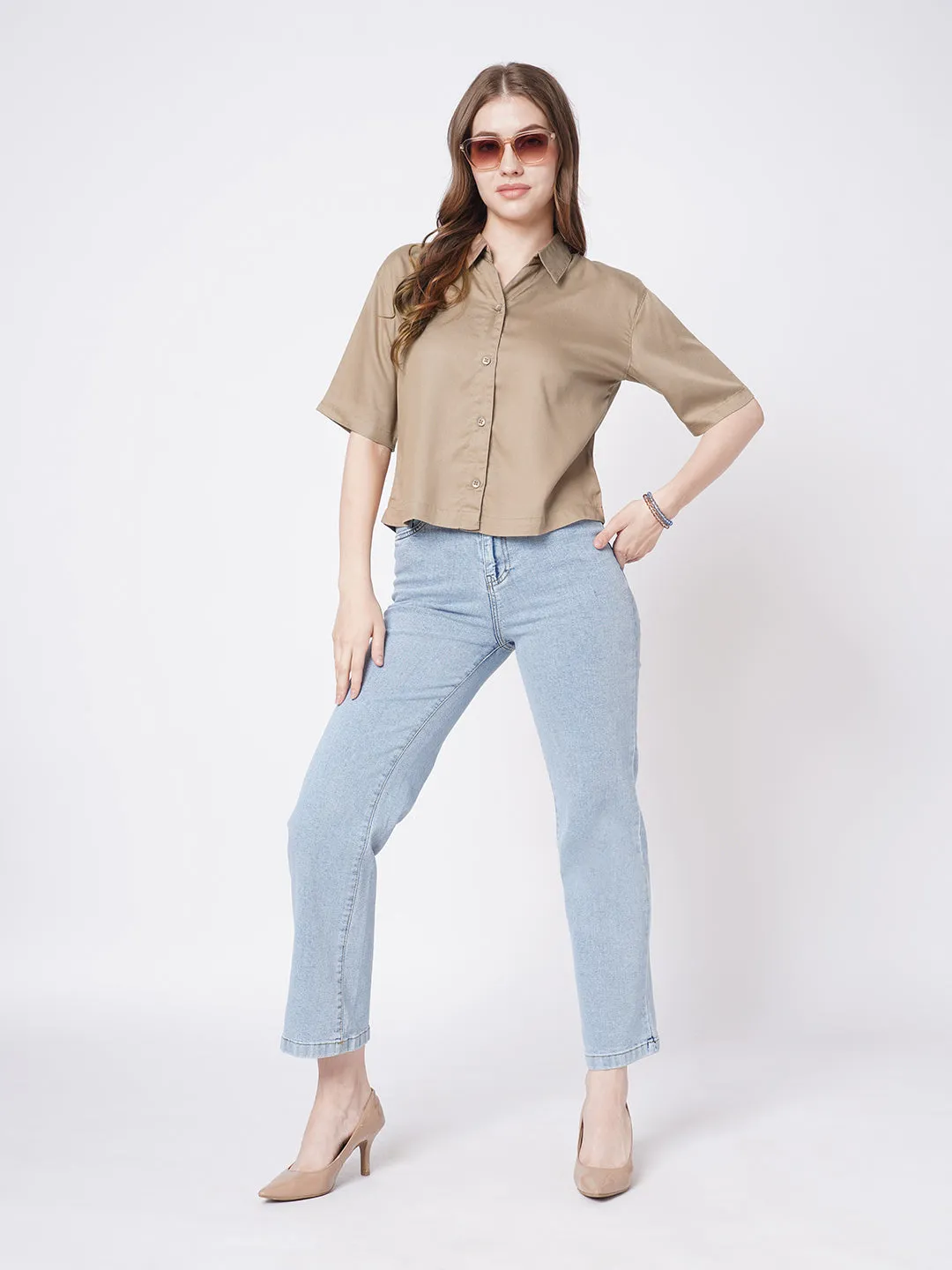 Women Slim Fit Dusty Rose Crop Shirt