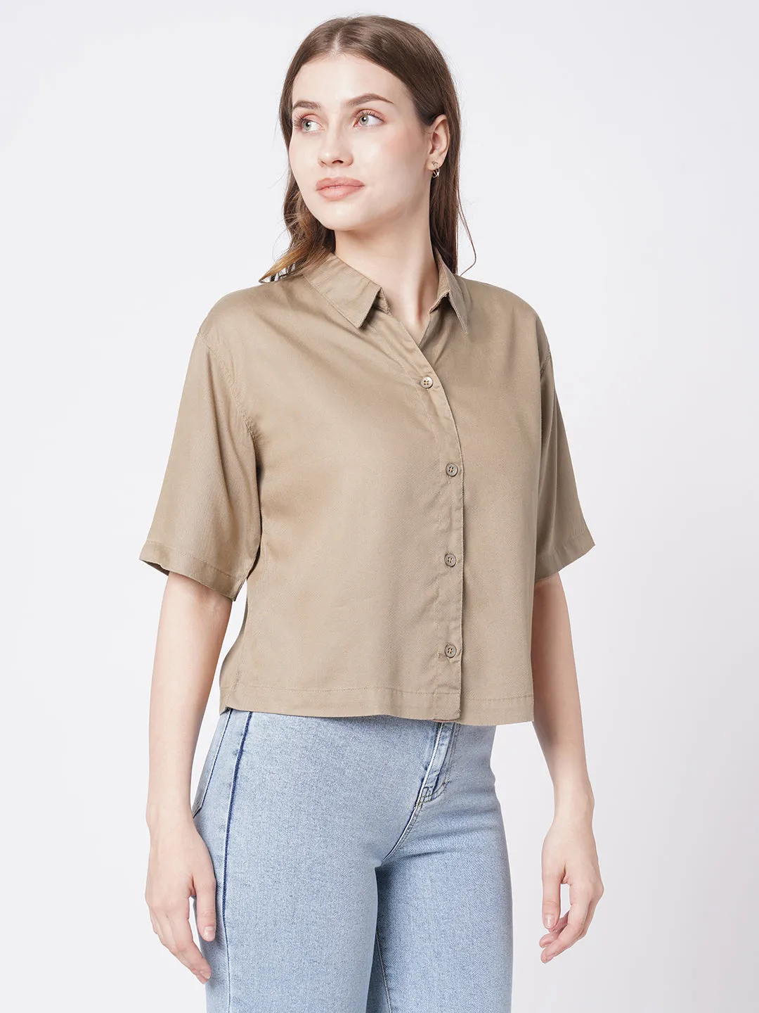 Women Slim Fit Dusty Rose Crop Shirt