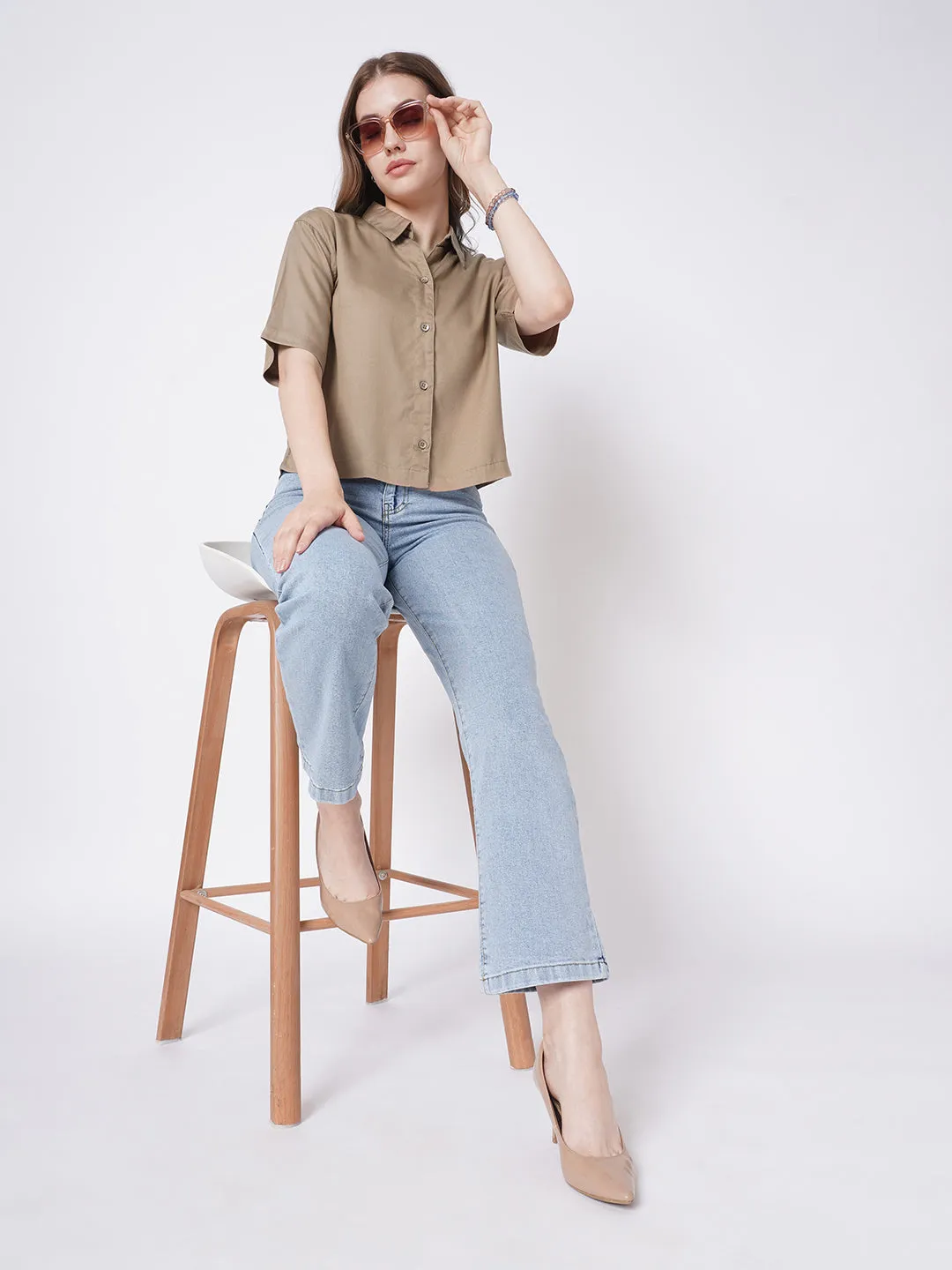 Women Slim Fit Dusty Rose Crop Shirt